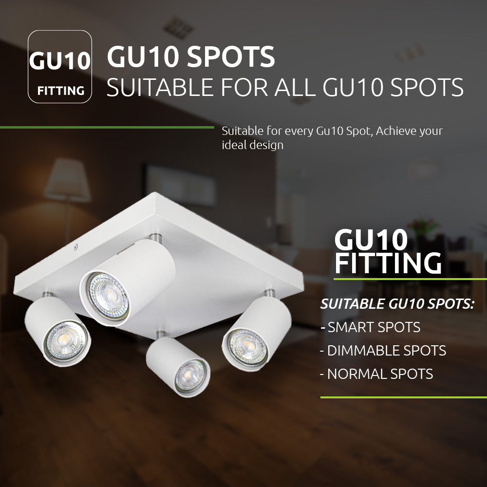 Moderne witte plafondspot met vier draaibare GU10 fittingen, geschikt voor smart spots, dimbare spots en standaard GU10 spots – onderaanzicht in een sfeervol ingerichte woonkamer.