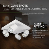 Moderne witte plafondspot met vier draaibare GU10 fittingen, geschikt voor smart spots, dimbare spots en standaard GU10 spots – onderaanzicht in een sfeervol ingerichte woonkamer.