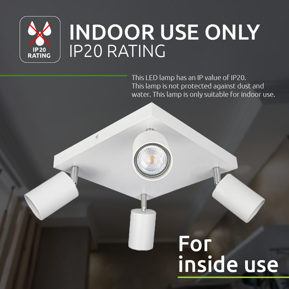 Vierkante witte LED plafondspot met vier verstelbare spots, geschikt voor binnengebruik (IP20), onderaanzicht.