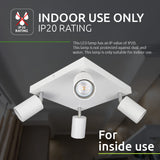 Vierkante witte LED plafondspot met vier verstelbare spots, geschikt voor binnengebruik (IP20), onderaanzicht.