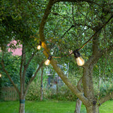 Tuinverlichting in de vorm van een zwarte lichtsnoer met warmwitte LED-lampen, gespannen tussen bomen in een groene tuin – vooraanzicht bij schemering.