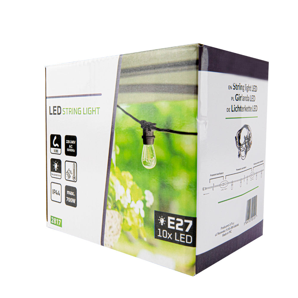 Verpakking van LED string light met E27 fitting en 10 LED lampen, zichtbaar vanuit een schuin voor- en zijaanzicht, met productinformatie zoals IP44-bescherming, 10 meter lengte en maximaal 700W.