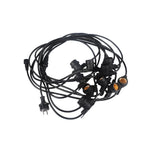 Zwarte buitenlichteketting met meerdere E27 fittingen, geschikt voor buitengebruik, volledig uitgestald in opgerolde bovenaanzicht op een witte achtergrond.