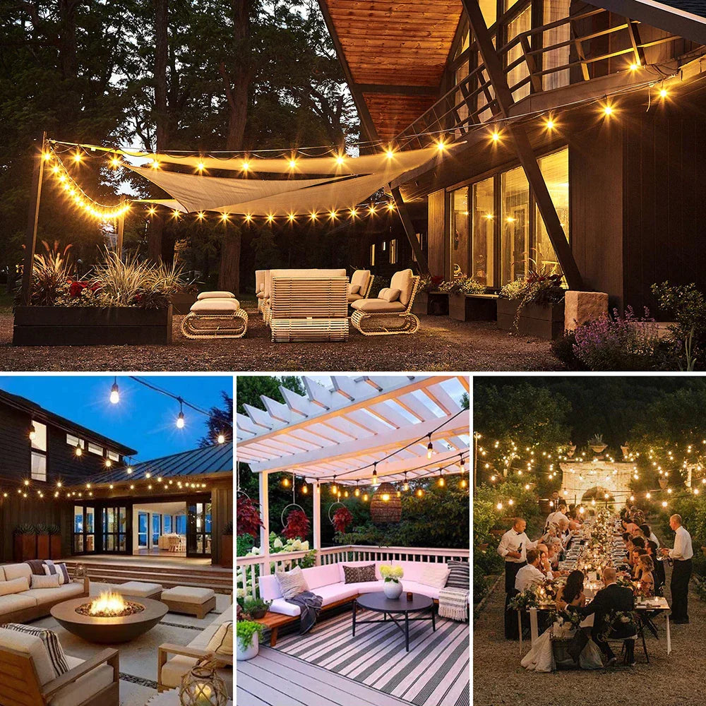 Sfeervolle buitenverlichting met warmwitte LED string lights voor tuin, terras, pergola en buitenfeest; afbeeldingen tonen verschillende toepassingen in avondsetting met vooraanzichten van zitgedeeltes, een feesttafel en moderne buitenruimtes met overkapping.