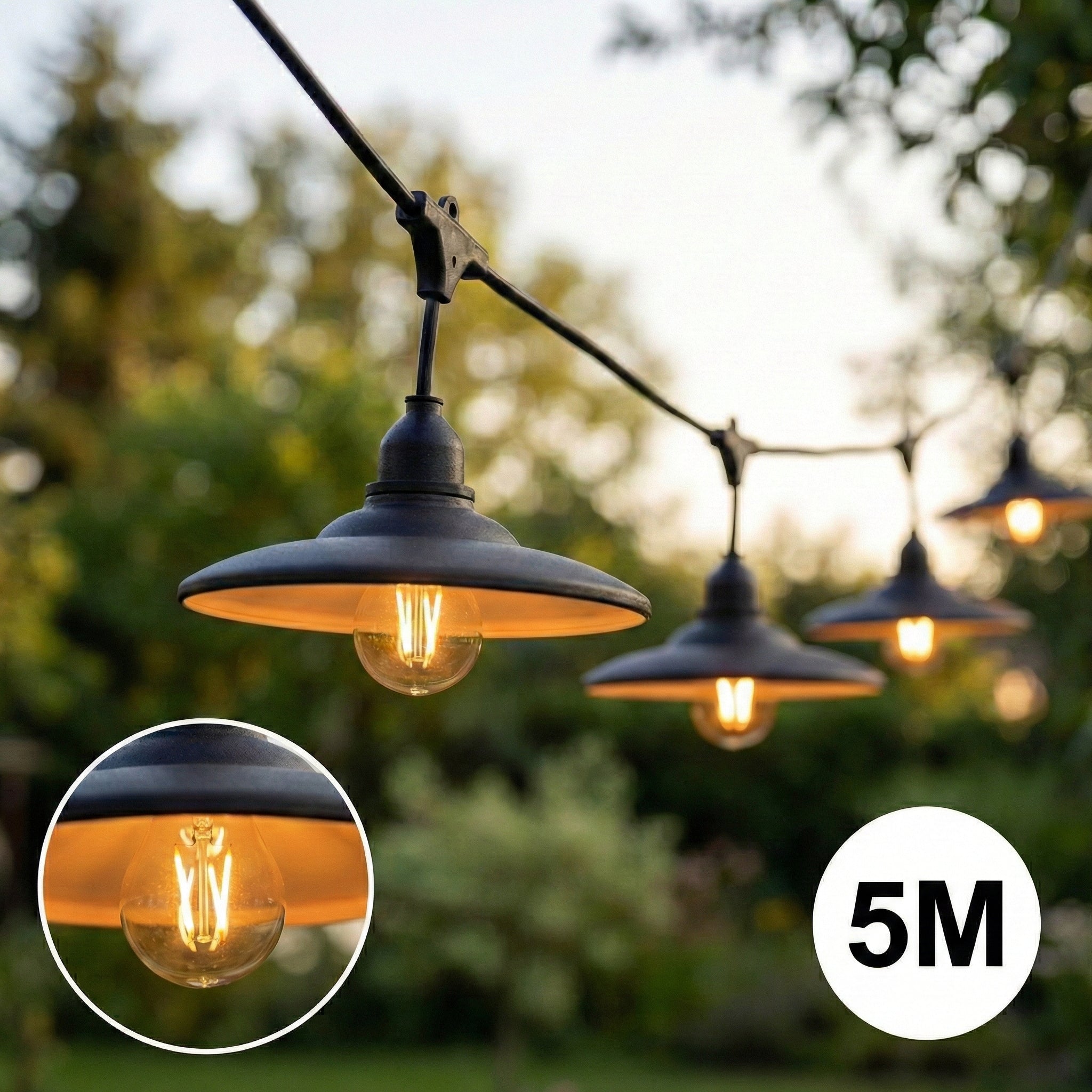 Complete Prikkabel met 5x lampenkappen | 5 Meter | Zwarte lampenkap | Koppelbaar | E27 | Incl. 1W lampen