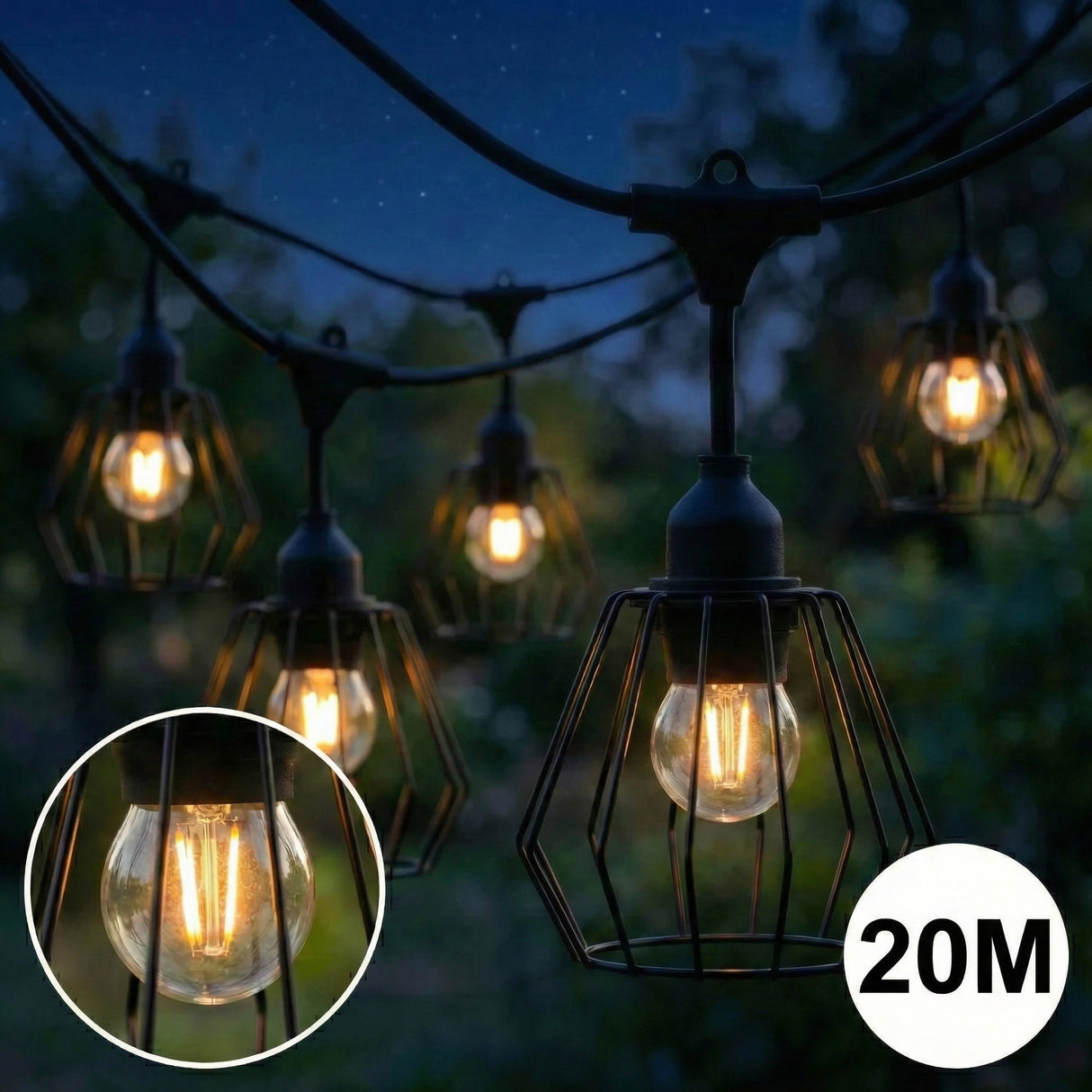 Complete Prikkabel / lichtsnoer met 20x lampenkappen | 20 Meter | Industriële lampenkap | Koppelbaar | E27 | Incl. 1W lampen