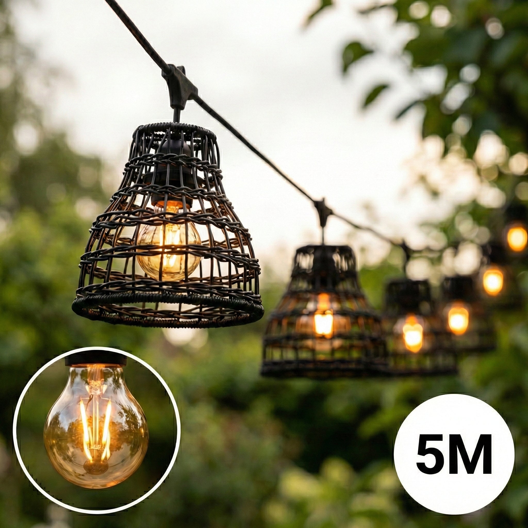 Complete Prikkabel met 5x lampenkappen | 5 Meter | Bamboe zwart | Koppelbaar | E27 | Incl. 1W lampen