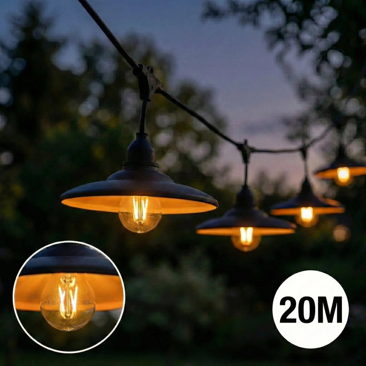 Complete Prikkabel / lichtsnoer met 20x lampenkappen | 20 Meter | Zwarte lampenkap | Koppelbaar | E27 | Incl. 1W lampen