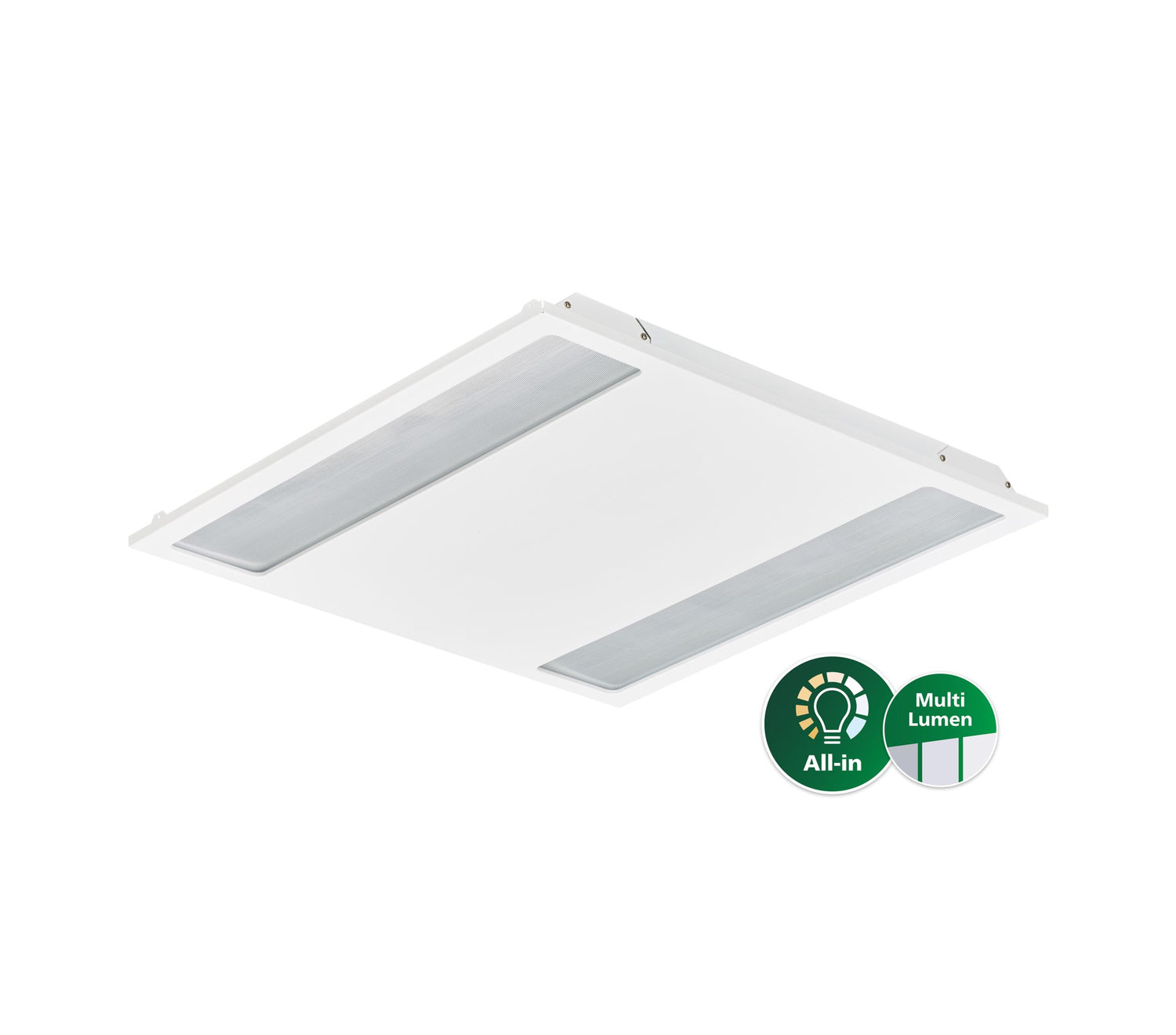 LED paneelarmatuur met dubbele lichtstroken, type All-in Multi Lumen, schuin onderaanzicht tegen witte achtergrond, met iconen die energie-efficiëntie en instelbare lichtopbrengst aanduiden.