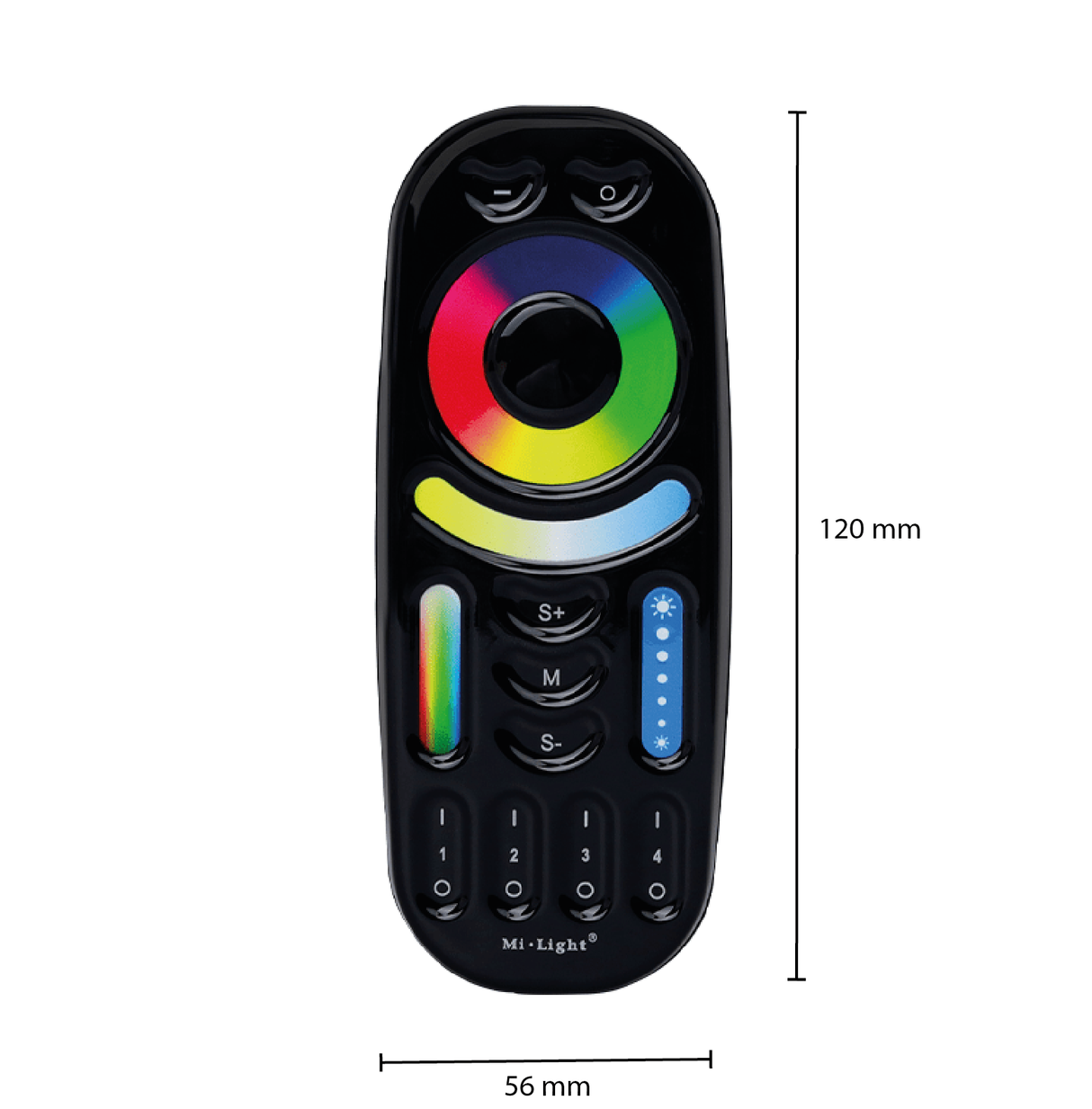 Afstandsbediening zwart 4 zones RGB en CCT kleurwissel - achterkant - afmetingen