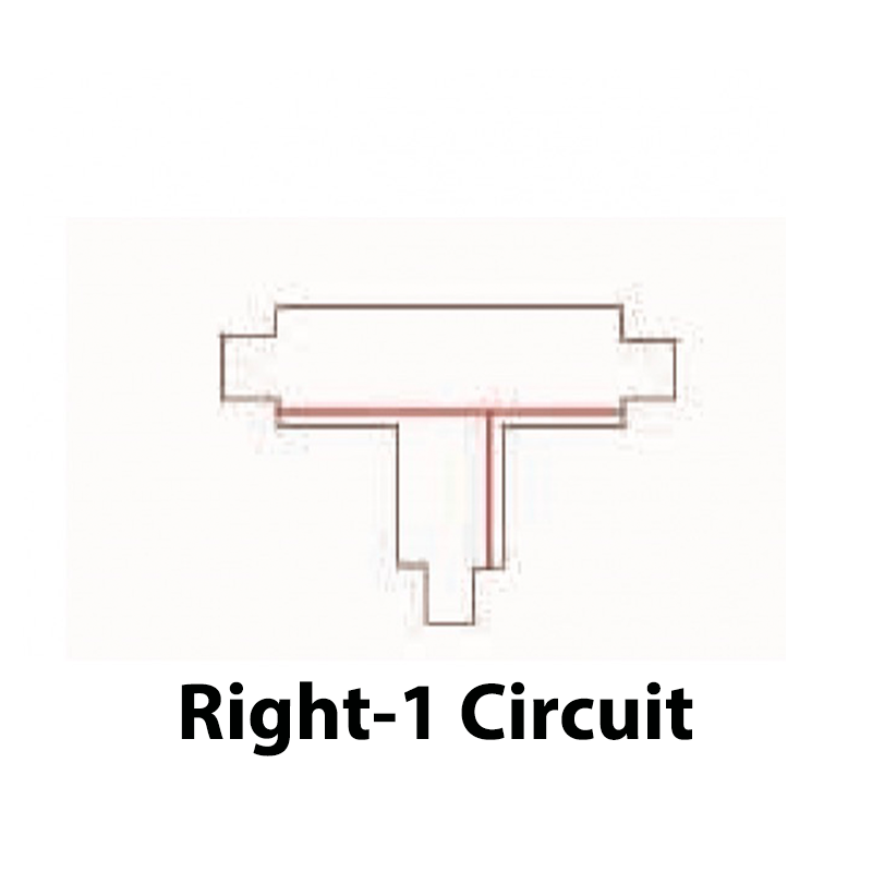 Schematische bovenaanzichttekening van een Right-1 Circuit racebaanvorm, met rechthoekige en symmetrische bochten.