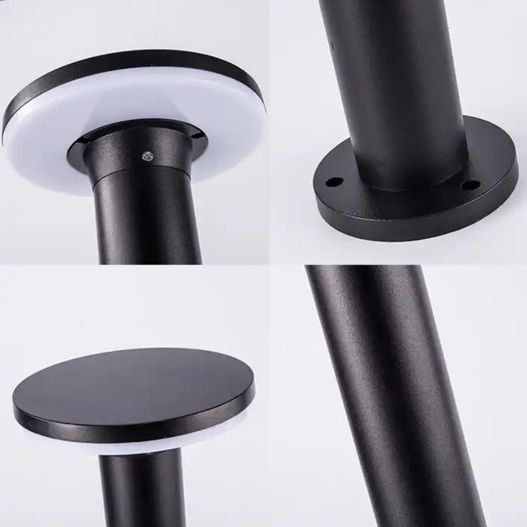 Close-up afbeeldingen van een moderne zwarte LED buitenlamp met ronde montageplaat en cilindrische staander, getoond vanuit verschillende hoeken: onderaanzicht van de lampkop, bovenaanzicht van de montagevoet, zijaanzicht van de lampkop en schuin zijaanzicht van de staander.