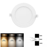 Rond LED inbouwspot plafondlamp met instelbare kleurtemperatuur (3000K warm wit, 4000K koel wit, 6000K daglicht), bovenaanzicht van de witte ronde spot met zijclips en kleurtemperatuur opties in beeld.