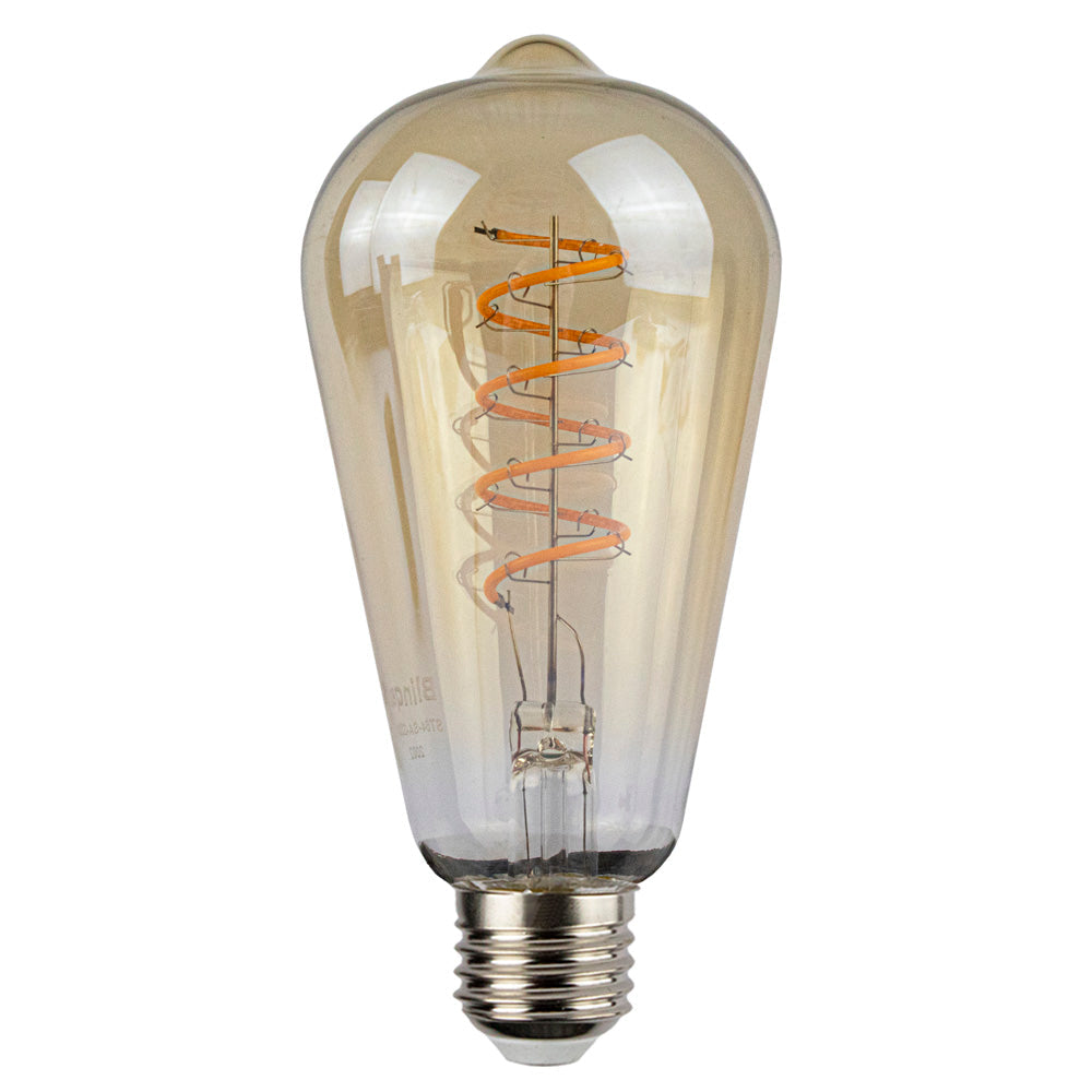 Vintage LED filament lamp in Edison-stijl met spiraalvormige gloeidraad, amberkleurig glas en E27 fitting, vooraanzicht.