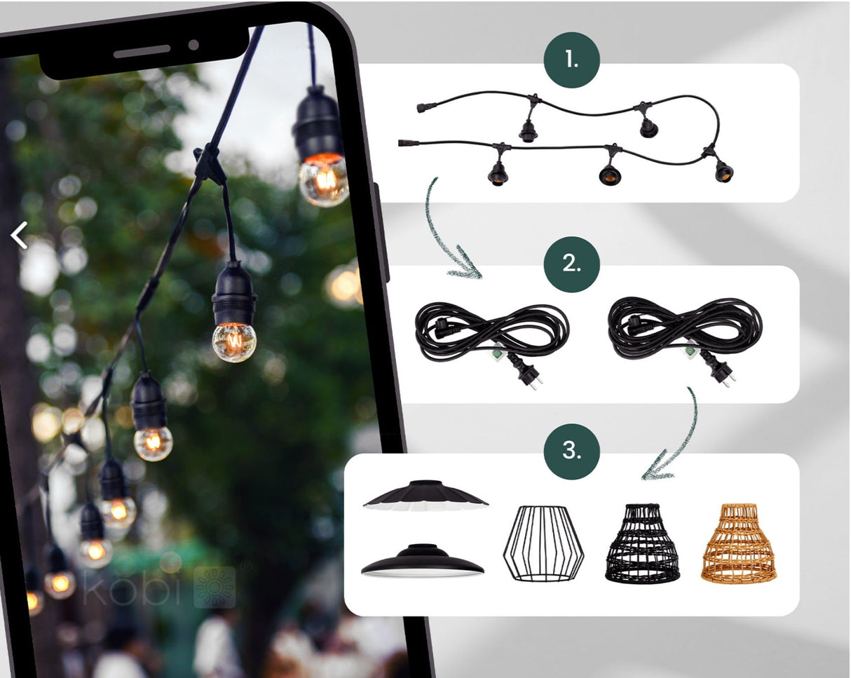 Decoratieve buitenverlichting set met zwarte fitting en warme LED-lampen, getoond in sfeerimpressie hangend tussen bomen (linkerzijde close-up vooraanzicht), met afzonderlijke onderdelen rechts in beeld: 1. lichtsnoer met fittingen, 2. twee zwarte stroomkabels met stekker, 3. vier verschillende lampenkappen in metaal en rotan.