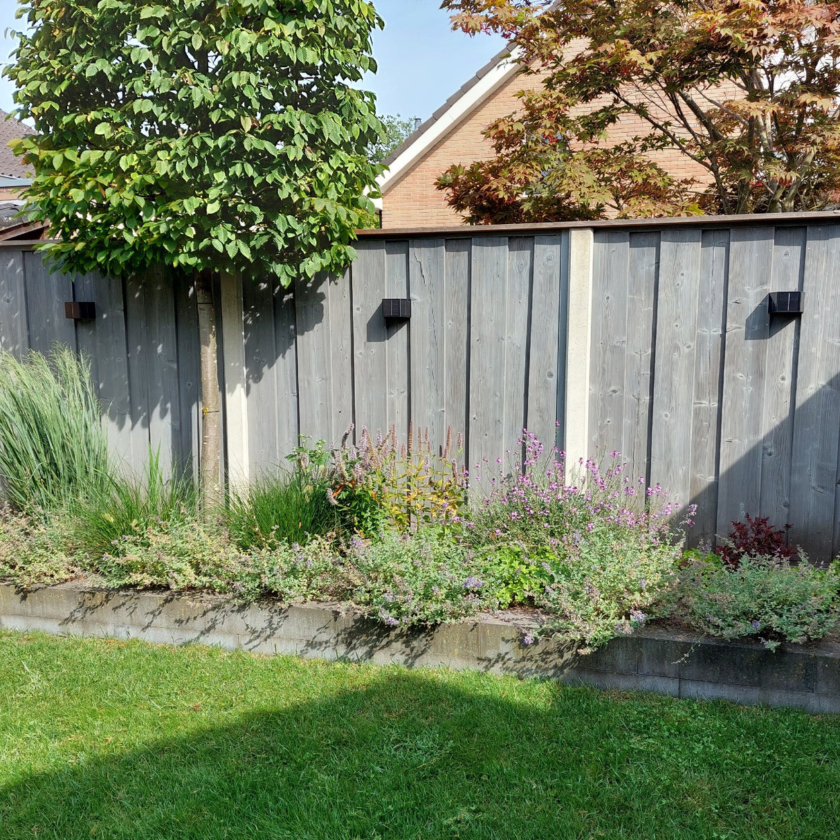 Grijze houten schutting met geïntegreerde zwarte wandlampen, gezien vanaf de zijkant in een zonnige tuin met groene beplanting, vaste planten en een boom op een verhoogd plantenbed tegen de schutting.