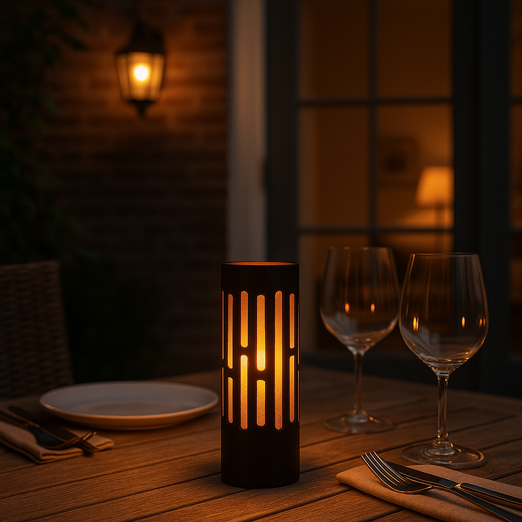Sfeervolle tafellantaarn in zwart metalen design met verticale uitsparingen, verlicht met warm LED-licht, gefotografeerd in avondsetting op een buitentafel met wijnglazen en gedekte borden – frontaal aanzicht.