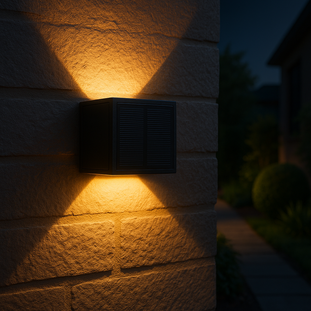 Zwarte solar buitenlamp met warm wit licht, gemonteerd op een stenen gevel, getoond in zijaanzicht tijdens de schemering, met een decoratief lichtpatroon omhoog en omlaag op de muur.