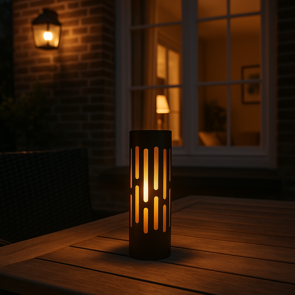 Moderne cilindervormige buitenlantaarn met sfeervolle warme LED-verlichting, staand op een houten tuintafel in een avondsetting, gefotografeerd in vooraanzicht met een huis en raam op de achtergrond.