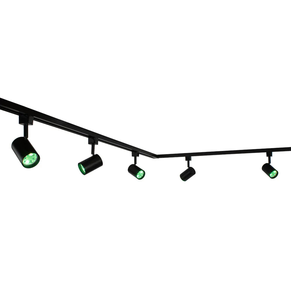 Zwart 1-fase railverlichtingssysteem met zes verstelbare cilinder spots en groene LED-verlichting, schuin onderaanzicht.