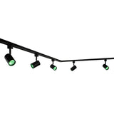 Zwart 1-fase railverlichtingssysteem met zes verstelbare cilinder spots en groene LED-verlichting, schuin onderaanzicht.