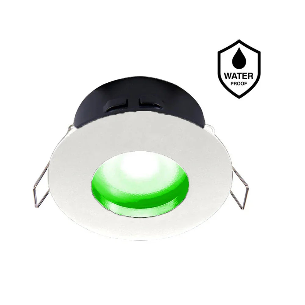 Witte ronde waterdichte LED inbouwspot met groene lichtkleur, frontaal aanzicht.