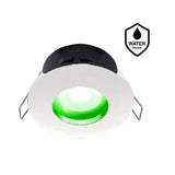 Witte ronde waterdichte LED inbouwspot met groene lichtkleur, frontaal aanzicht.