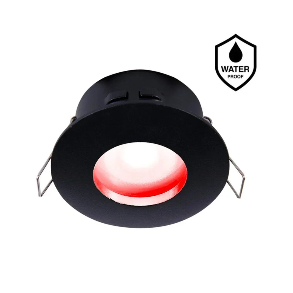 Zwarte waterdichte LED inbouwspot met rood-wit licht, schuin van onderen gefotografeerd, inclusief bevestigingsveren en waterproof symbool.