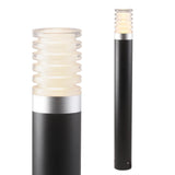 Moderne zwarte buitenlamp sokkellamp met opaal witte diffuser en aluminium accenten, frontaal aanzicht en close-up van de bovenzijde met horizontale lichteffecten.