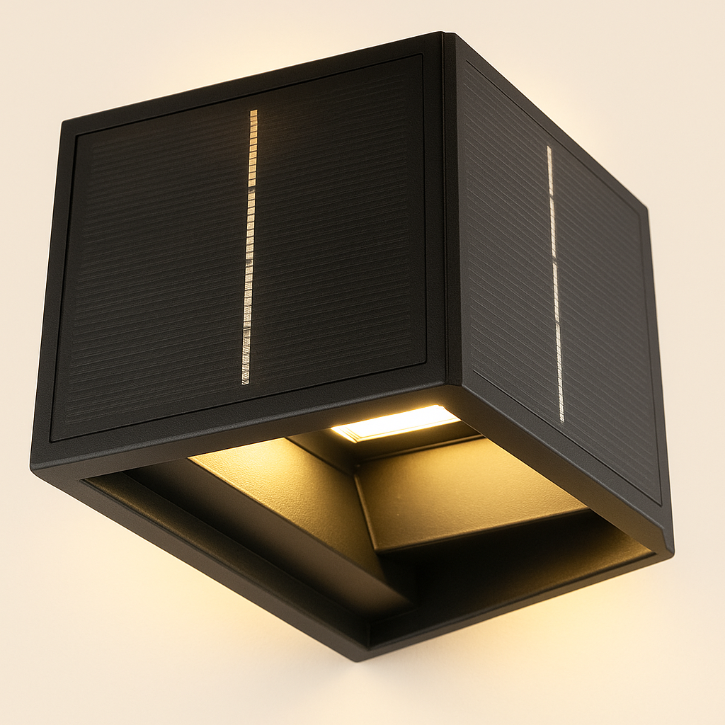 Moderne zwarte kubusvormige buitenwandlamp met geïntegreerde LED-verlichting, zijkant- en onderaanzicht, gemonteerd op een lichte muur, met een stijlvol lichtpatroon aan de zijkanten.