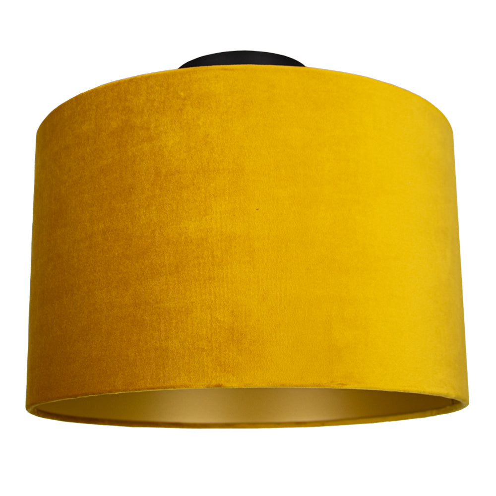 Gele velvet plafonnière lampenkap in cilindervorm, vooraanzicht, met een luxe fluwelen afwerking en moderne uitstraling.