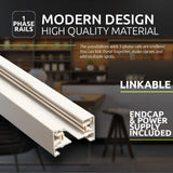 Wit 1-fase railsysteem voor moderne verlichting, gemaakt van hoogwaardig materiaal, met een schuine close-up aanzicht; koppelbaar ontwerp met eindkap en voeding inbegrepen, ideaal voor strakke en flexibele lichtopstellingen.