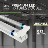 Close-up zijaanzicht van een premium dubbele LED armatuur met G13 fitting, geschikt voor T8 LED buizen, energiezuinig en doorlinkbaar, afgebeeld in een industriële omgeving.