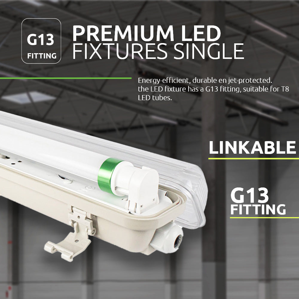 Close-up zijaanzicht van een premium enkele LED-armatuur met G13-fitting, geschikt voor T8 LED-buizen, met transparante beschermkap en bevestigingsclip, ideaal voor energiezuinige en koppelbare verlichting in industriële omgevingen.