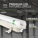 Close-up zijaanzicht van een premium enkele LED-armatuur met G13-fitting, geschikt voor T8 LED-buizen, met transparante beschermkap en bevestigingsclip, ideaal voor energiezuinige en koppelbare verlichting in industriële omgevingen.