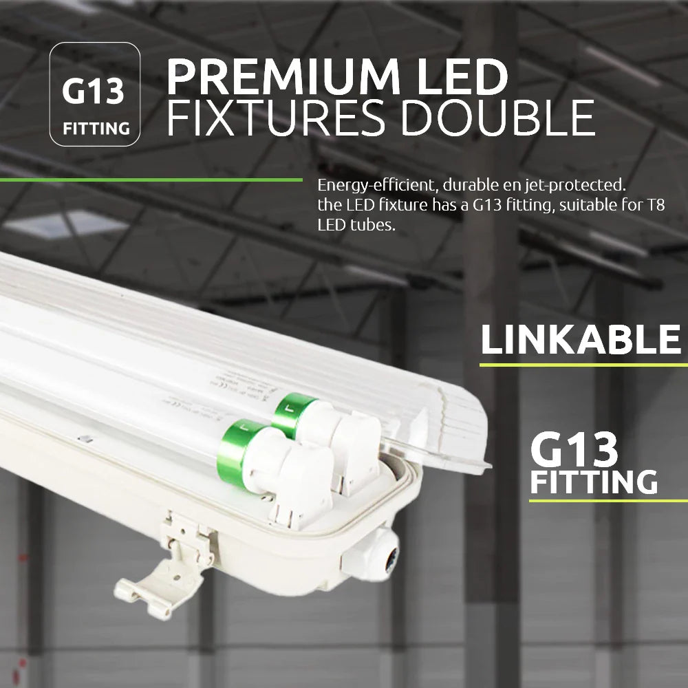 Afbeelding van een premium dubbele LED-armatuur met G13 fitting, geschikt voor T8 LED-buizen, energiezuinig en koppelbaar, met een zijaanzicht van het verlichtingsarmatuur in een industriële omgeving.