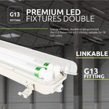 Afbeelding van een premium dubbele LED-armatuur met G13 fitting, geschikt voor T8 LED-buizen, energiezuinig en koppelbaar, met een zijaanzicht van het verlichtingsarmatuur in een industriële omgeving.