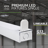 Close-up zijaanzicht van een premium enkele LED armatuur met G13 fitting, geschikt voor T8 LED buizen, energiezuinig, koppelbaar en straalwaterdicht, weergegeven in een industriële omgeving.