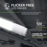 Close-up zijaanzicht van een flikkervrije LED TL-buis met aluminium achterzijde voor optimale koeling, geschikt voor elke LED-armatuur, 120 lumen per watt.