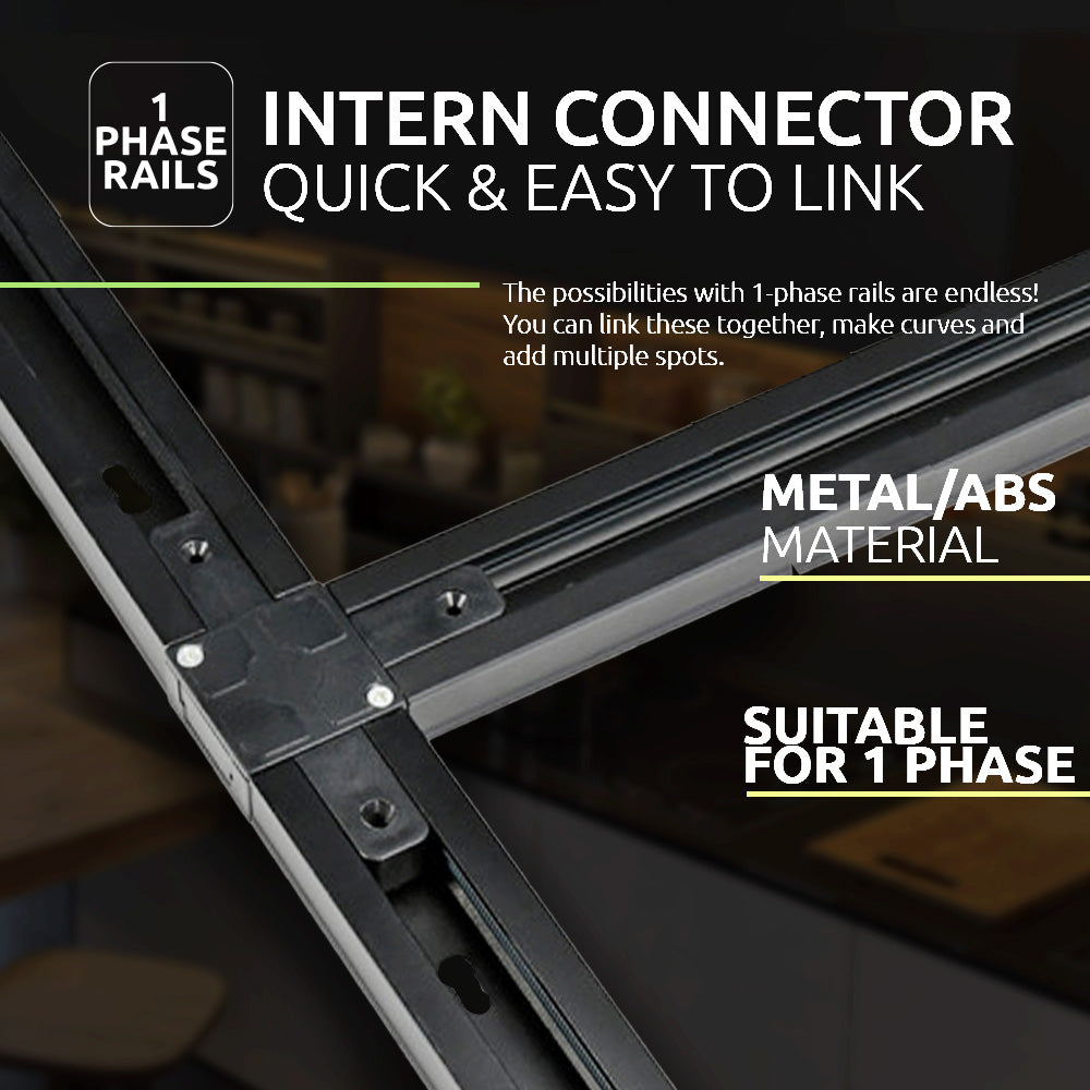 Close-up van een interne connector voor 1-fase railsystemen, vervaardigd uit metaal/ABS materiaal, geschikt voor het eenvoudig koppelen van meerdere raildelen; bovenaanzicht van het product in verbonden positie.