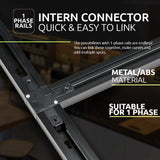 Close-up van een interne connector voor 1-fase railsystemen, vervaardigd uit metaal/ABS materiaal, geschikt voor het eenvoudig koppelen van meerdere raildelen; bovenaanzicht van het product in verbonden positie.