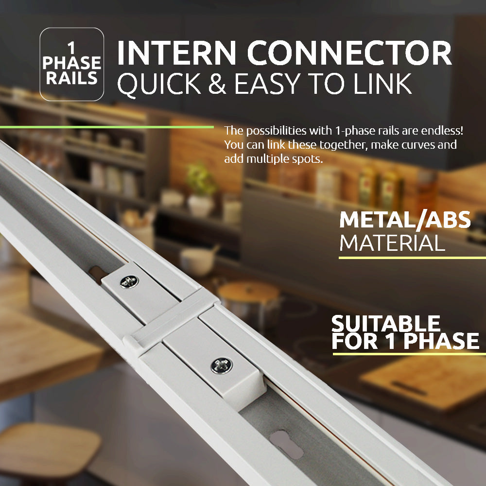 Interne connector voor 1-fase railsysteem in metalen/ABS behuizing, schuine close-up weergave waarin de eenvoudige verbindingsmogelijkheid tussen twee raildelen duidelijk zichtbaar is, ideaal voor het creëren van bochten of het koppelen van meerdere lichtpunten.