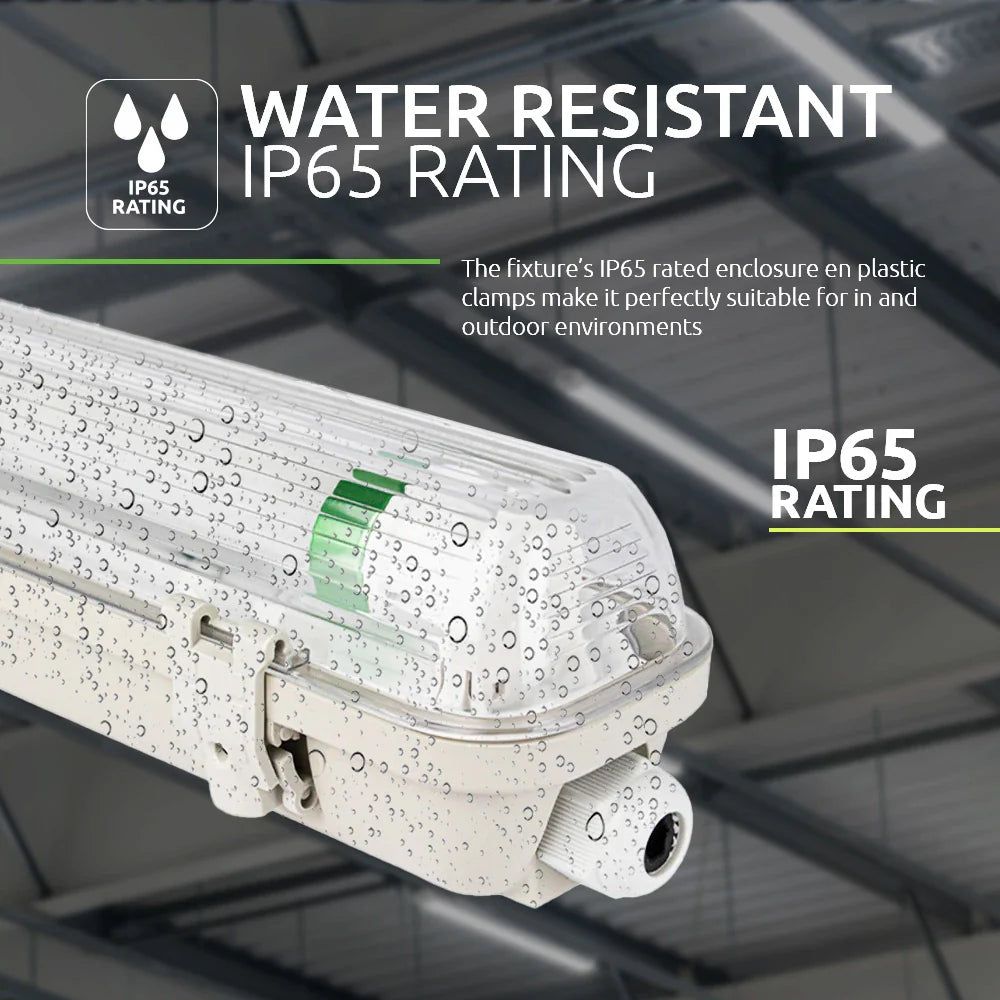 Waterdichte LED-armatuur met IP65-classificatie, schuin van onderen gefotografeerd, met zichtbare waterdruppels op de kunststof behuizing en bevestigingsklemmen, geschikt voor binnen- en buitentoepassingen.