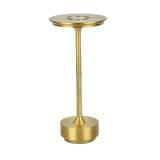 Gouden moderne tafellamp in minimalistisch design, rechte vooraanzichtweergave met cilindervormige voet, slanke steel en ronde platte lampenkap.