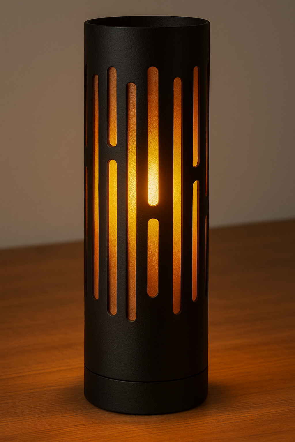 Zwarte cilindervormige tafellamp met verticale uitsparingen en warm amberkleurig licht, frontaal aanzicht op houten ondergrond.