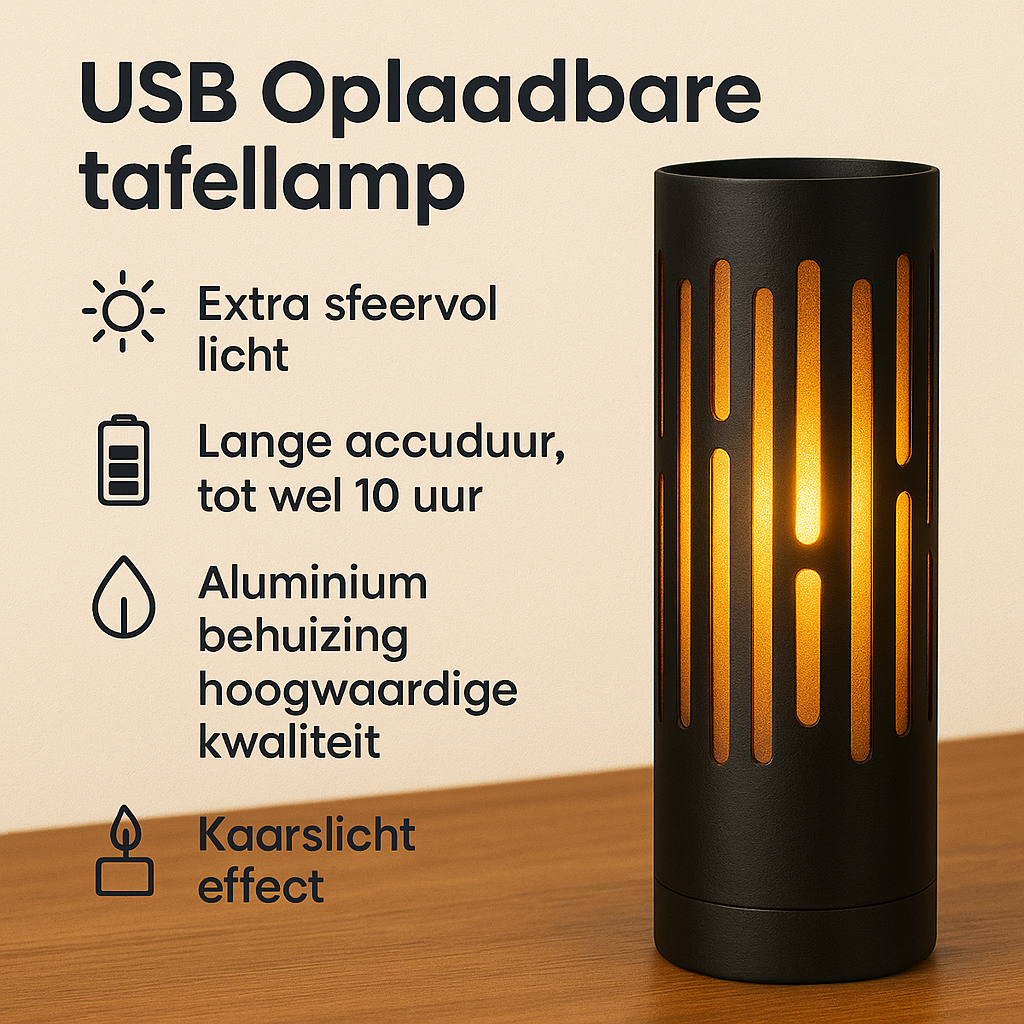 USB oplaadbare tafellamp met zwart aluminium behuizing en kaarslichteffect, staand op een houten oppervlak; vooraanzicht met opsomming van productkenmerken zoals sfeervol licht, lange accuduur en hoogwaardige afwerking.