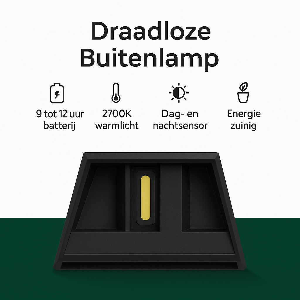 Zwart draadloze buitenlamp met warm wit 2700K licht, getoond in vooraanzicht, voorzien van dag- en nachtsensor, 9 tot 12 uur batterijduur en energiezuinig ontwerp.