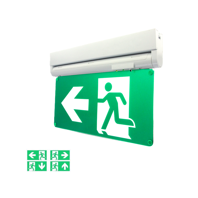 Nooduitgang bord met naar links wijzende pijl en rennende figuur, gemonteerd aan het plafond, schuin van voren gezien; pictogrammen voor alternatieve richtingen linksonder.