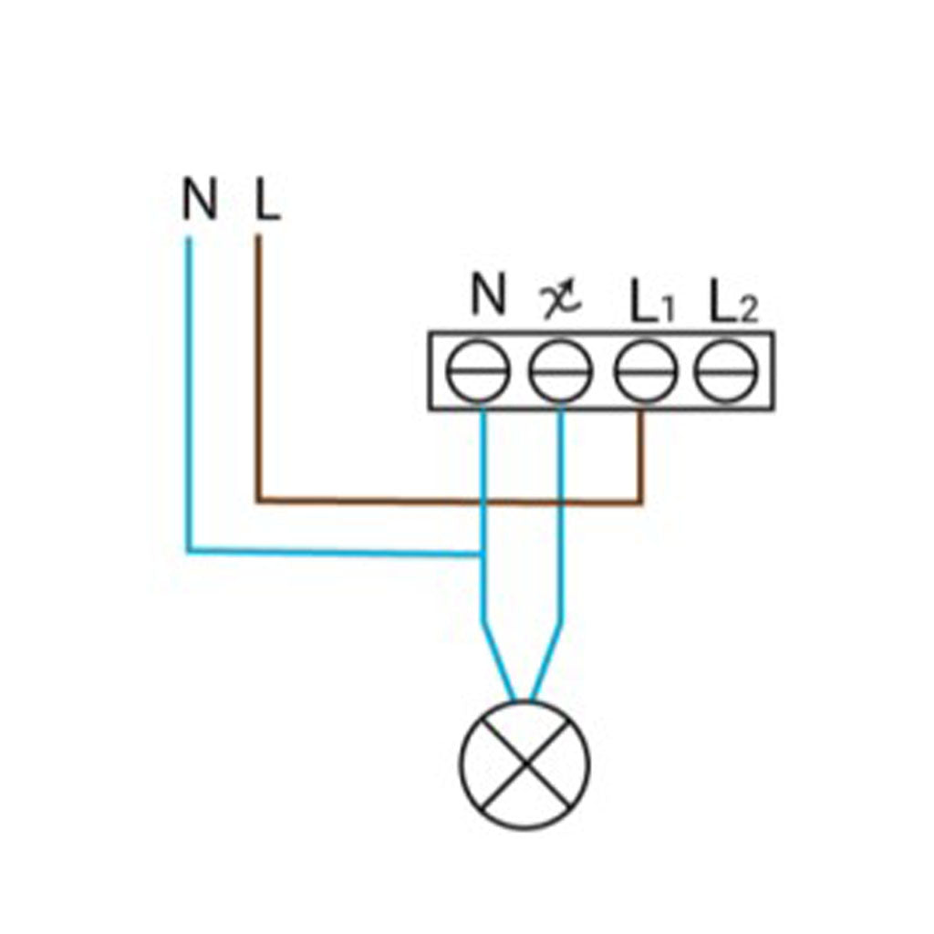 Elektrisch bedradingsschema van een lichtschakeling met L, N, L1 en L2 aansluitklemmen, bovenaanzicht van aansluitpunt met aangesloten draden en lamp-symbool.