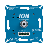 Vooraanzicht van de ION ID200W-ZIGB 200W LED Zigbee dimmer, met goed zichtbare aansluitpunten, technische specificaties en keurmerken op de blauwe montageplaat.